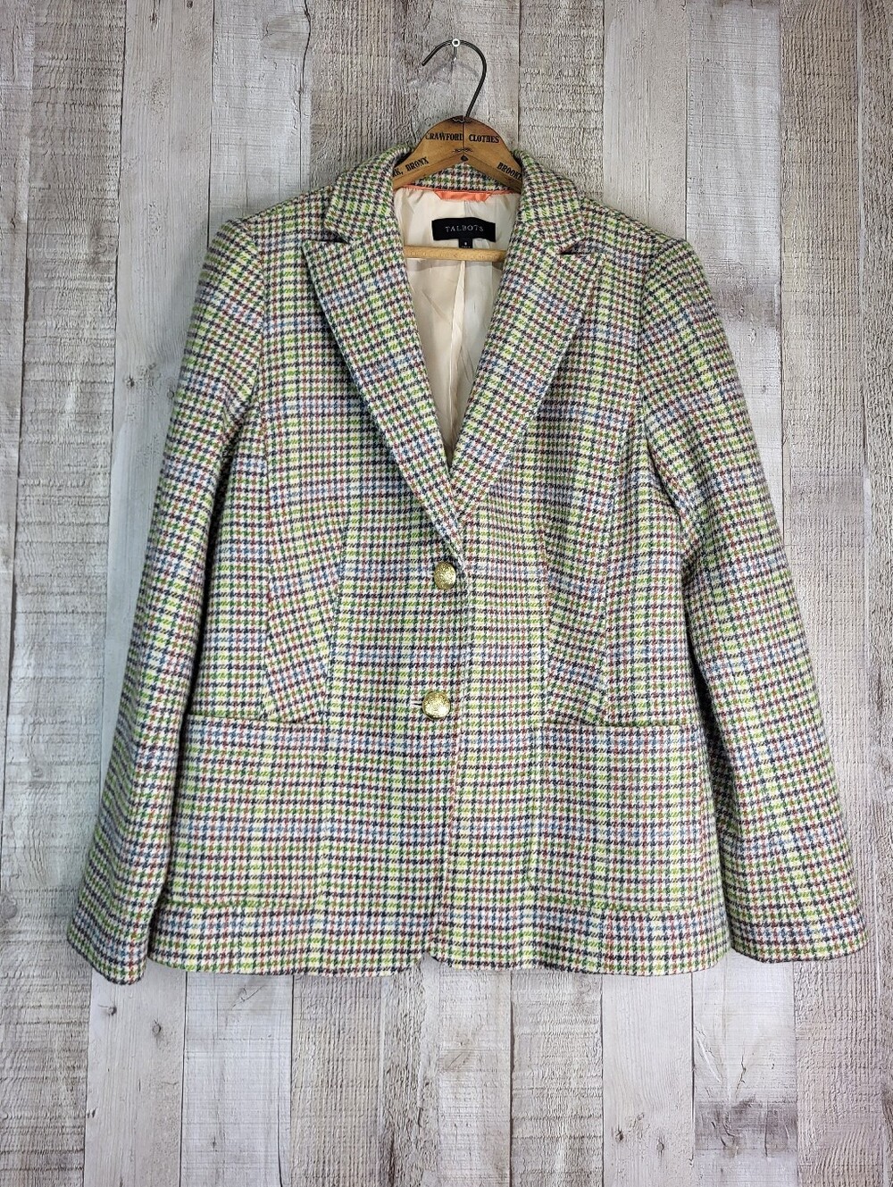 Talbots Wool Blend Blazer. Gold Buttons. Ladies Size 8. Green, Blue, Yellow...